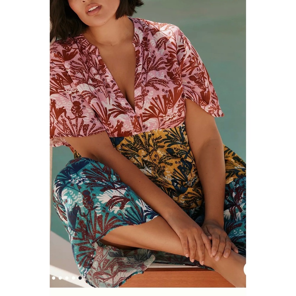 Celandine Women 3X Tropical Palm Print Tiered Maxi Dress Pink Yellow Teal V-Neck